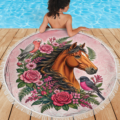 Melbourne Horse Pink Rose Wreath Beach Blanket Aussie Galah Cockatoo and Pink Robin