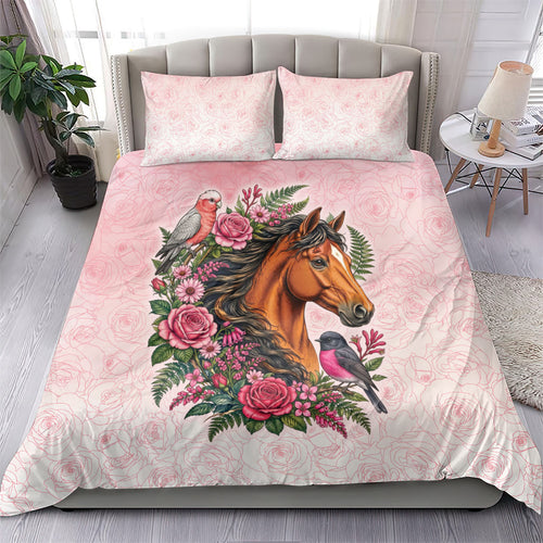 Melbourne Horse Pink Rose Wreath Bedding Set Aussie Galah Cockatoo and Pink Robin