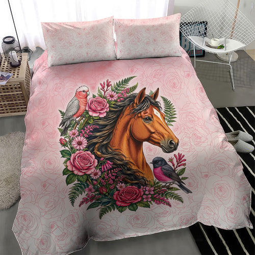 Melbourne Horse Pink Rose Wreath Bedding Set Aussie Galah Cockatoo and Pink Robin