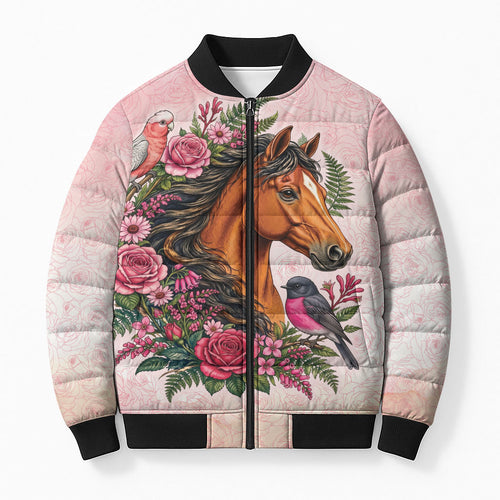 Melbourne Horse Pink Rose Wreath Bomber Puffer Jacket Aussie Galah Cockatoo and Pink Robin