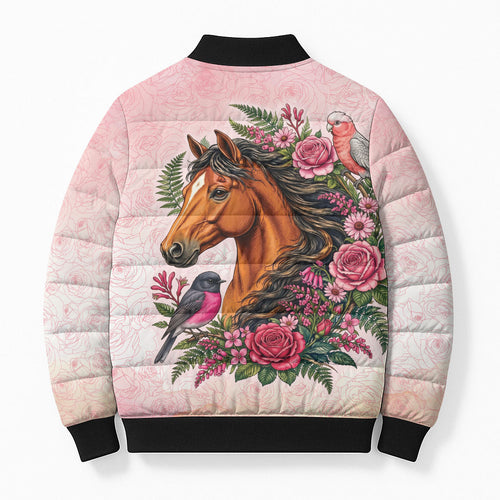 Melbourne Horse Pink Rose Wreath Bomber Puffer Jacket Aussie Galah Cockatoo and Pink Robin