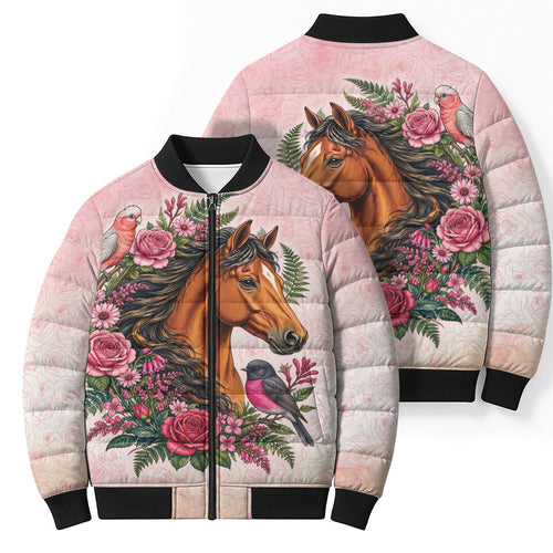 Melbourne Horse Pink Rose Wreath Bomber Puffer Jacket Aussie Galah Cockatoo and Pink Robin