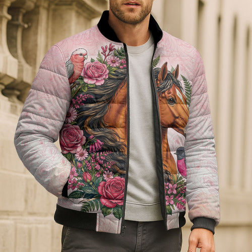 Melbourne Horse Pink Rose Wreath Bomber Puffer Jacket Aussie Galah Cockatoo and Pink Robin