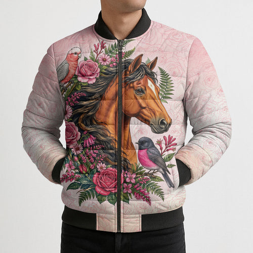 Melbourne Horse Pink Rose Wreath Bomber Puffer Jacket Aussie Galah Cockatoo and Pink Robin