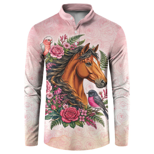 Melbourne Horse Pink Rose Wreath Button Sweatshirt Aussie Galah Cockatoo and Pink Robin