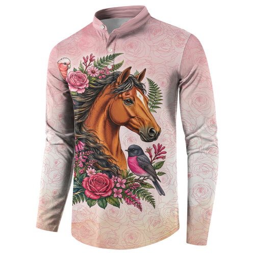 Melbourne Horse Pink Rose Wreath Button Sweatshirt Aussie Galah Cockatoo and Pink Robin