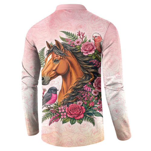 Melbourne Horse Pink Rose Wreath Button Sweatshirt Aussie Galah Cockatoo and Pink Robin