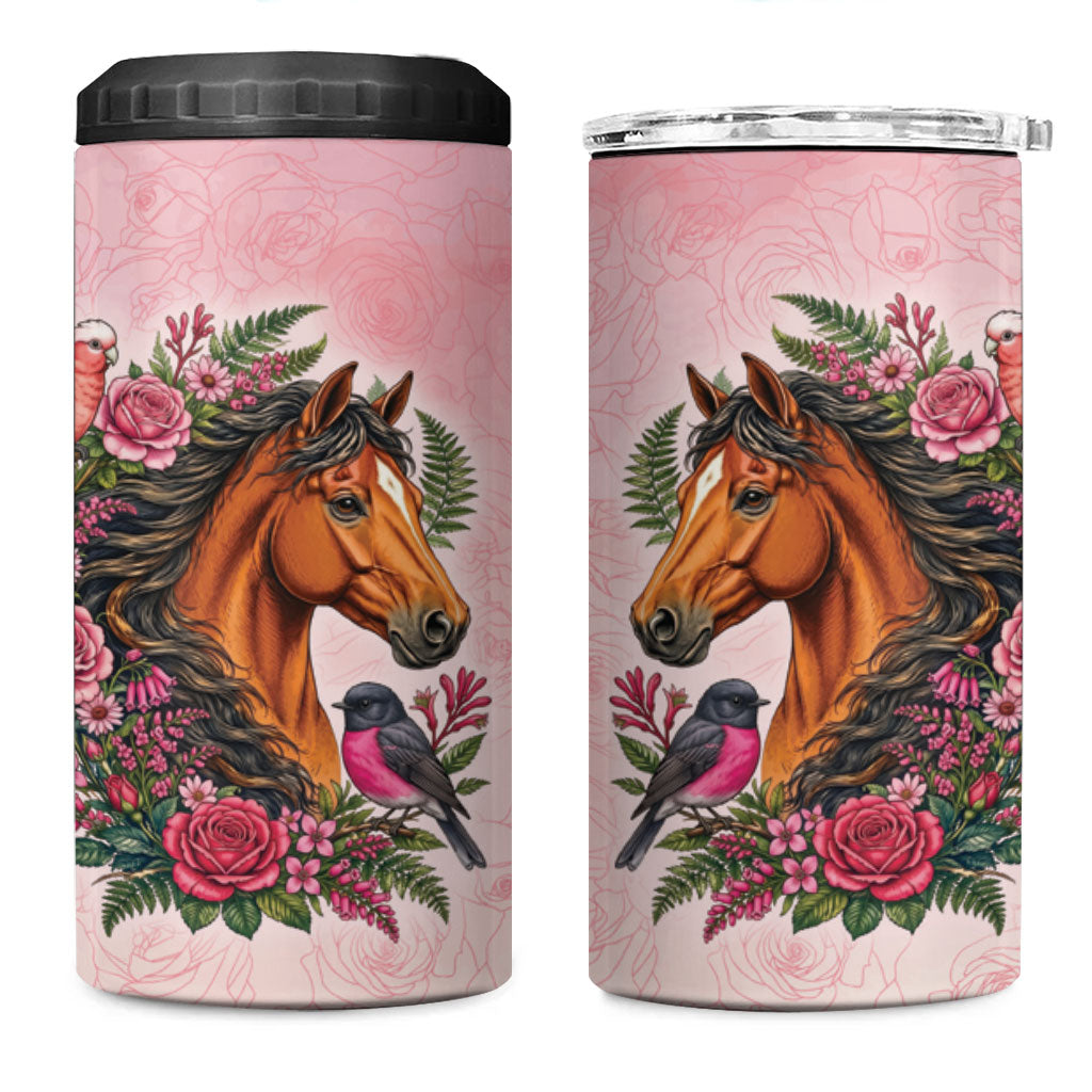 Melbourne Horse Pink Rose Wreath 4 in 1 Can Cooler Tumbler Aussie Galah Cockatoo and Pink Robin