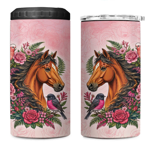 Melbourne Horse Pink Rose Wreath 4 in 1 Can Cooler Tumbler Aussie Galah Cockatoo and Pink Robin