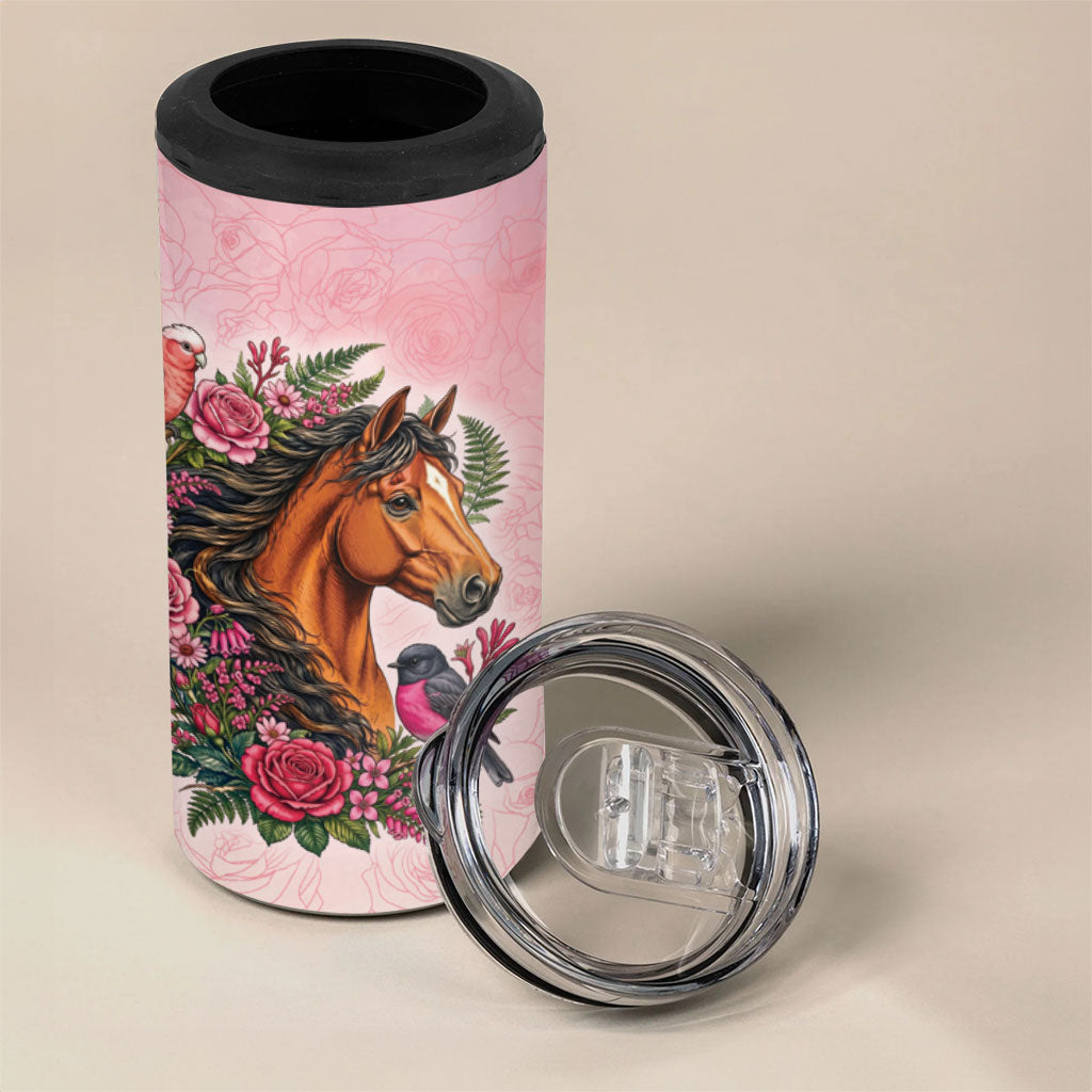 Melbourne Horse Pink Rose Wreath 4 in 1 Can Cooler Tumbler Aussie Galah Cockatoo and Pink Robin