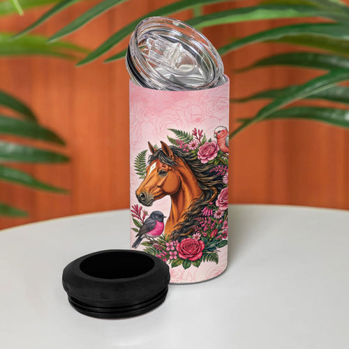 Melbourne Horse Pink Rose Wreath 4 in 1 Can Cooler Tumbler Aussie Galah Cockatoo and Pink Robin