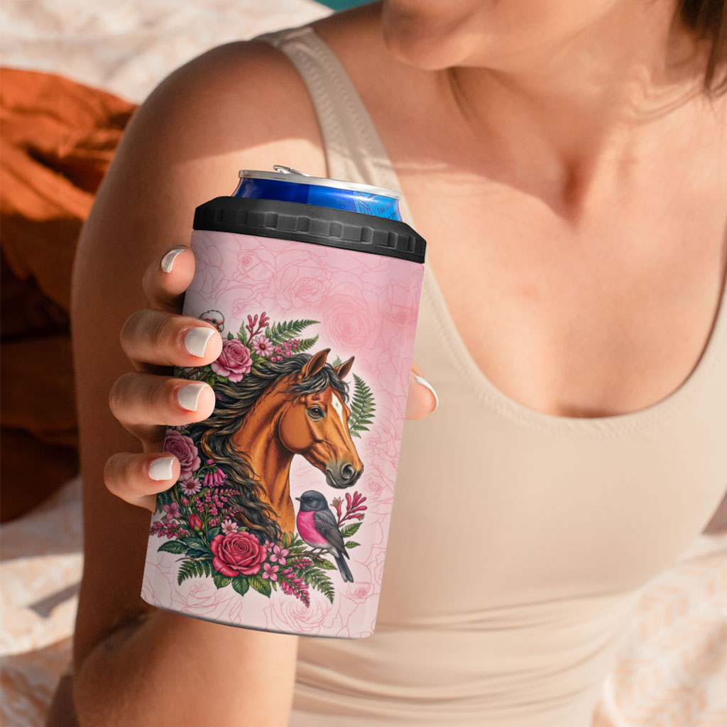 Melbourne Horse Pink Rose Wreath 4 in 1 Can Cooler Tumbler Aussie Galah Cockatoo and Pink Robin