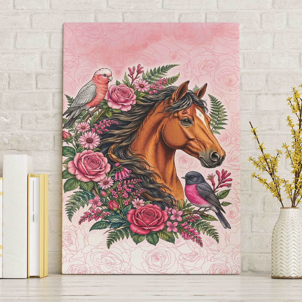 Melbourne Horse Pink Rose Wreath Canvas Wall Art Aussie Galah Cockatoo and Pink Robin