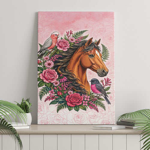 Melbourne Horse Pink Rose Wreath Canvas Wall Art Aussie Galah Cockatoo and Pink Robin