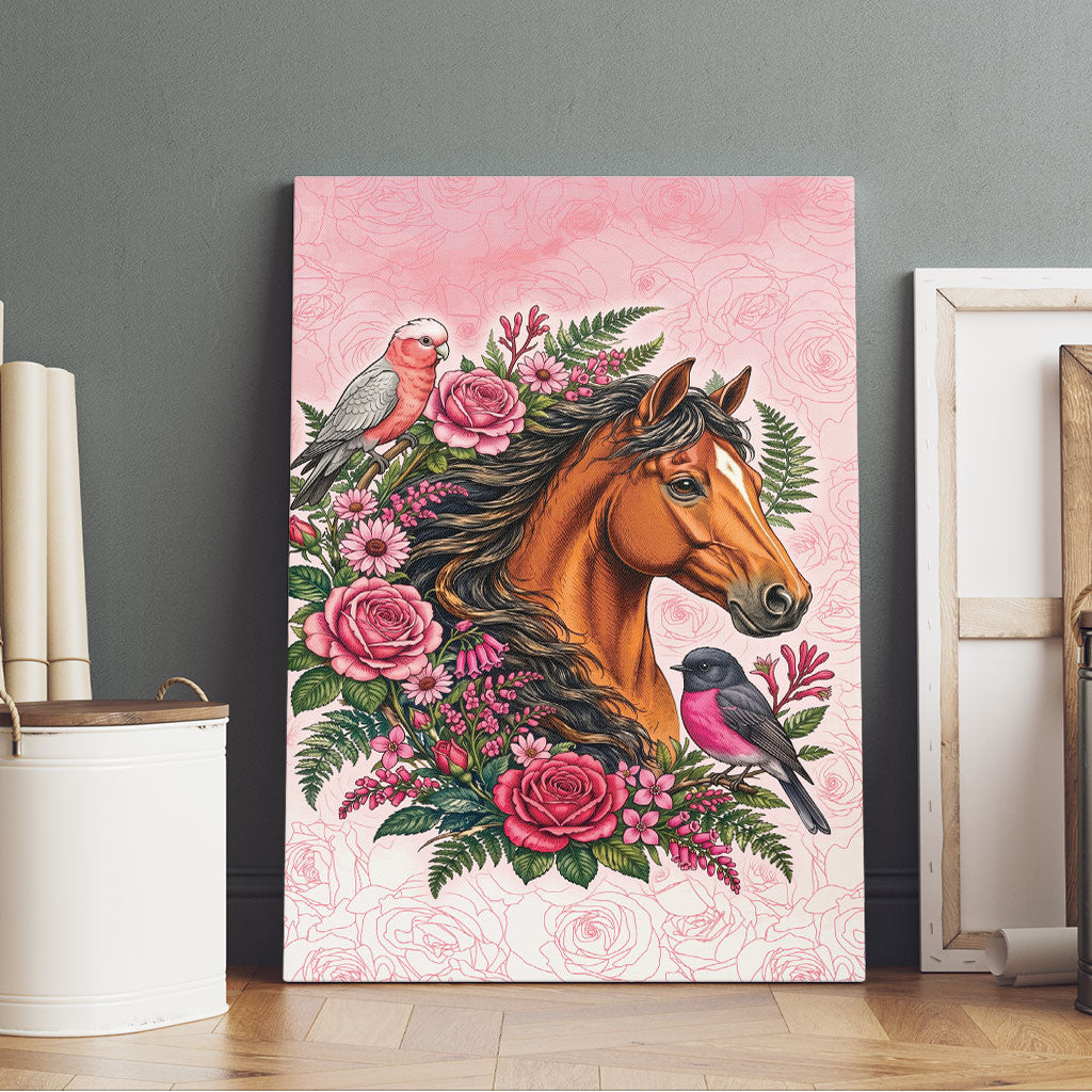 Melbourne Horse Pink Rose Wreath Canvas Wall Art Aussie Galah Cockatoo and Pink Robin
