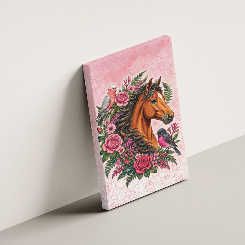 Melbourne Horse Pink Rose Wreath Canvas Wall Art Aussie Galah Cockatoo and Pink Robin
