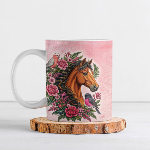 Melbourne Horse Pink Rose Wreath Ceramic Mug Aussie Galah Cockatoo and Pink Robin