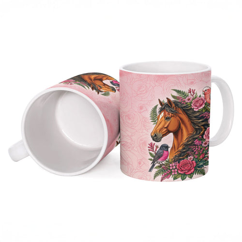 Melbourne Horse Pink Rose Wreath Ceramic Mug Aussie Galah Cockatoo and Pink Robin