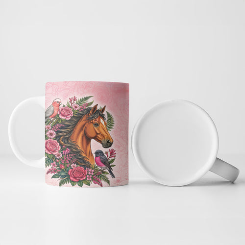 Melbourne Horse Pink Rose Wreath Ceramic Mug Aussie Galah Cockatoo and Pink Robin