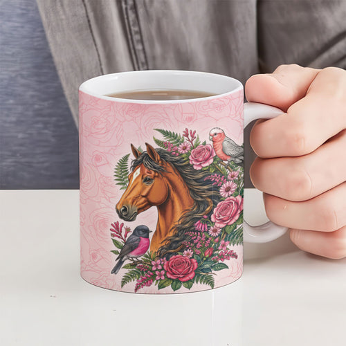 Melbourne Horse Pink Rose Wreath Ceramic Mug Aussie Galah Cockatoo and Pink Robin