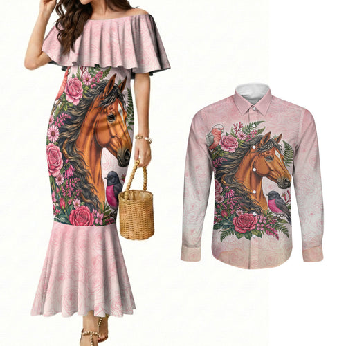Melbourne Horse Pink Rose Wreath Couples Matching Mermaid Dress and Long Sleeve Button Shirt Aussie Galah Cockatoo and Pink Robin