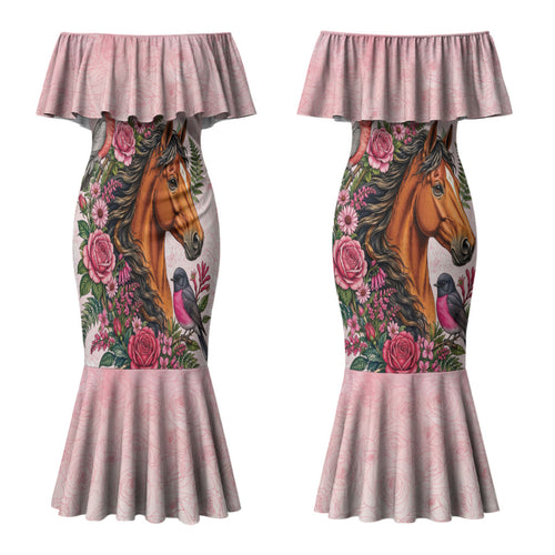 Melbourne Horse Pink Rose Wreath Couples Matching Mermaid Dress and Long Sleeve Button Shirt Aussie Galah Cockatoo and Pink Robin