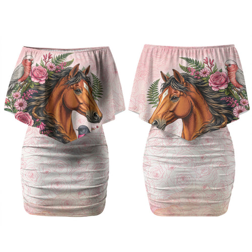 Melbourne Horse Pink Rose Wreath Couples Matching Off Shoulder Short Dress and Long Sleeve Button Shirt Aussie Galah Cockatoo and Pink Robin