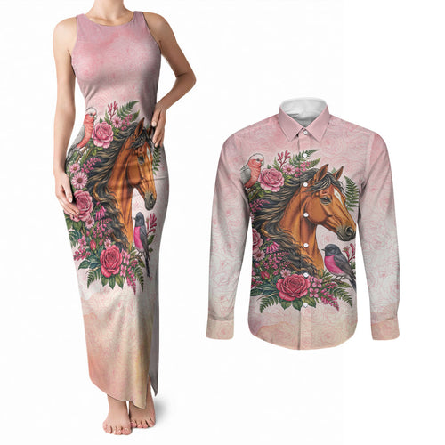 Melbourne Horse Pink Rose Wreath Couples Matching Tank Maxi Dress and Long Sleeve Button Shirt Aussie Galah Cockatoo and Pink Robin