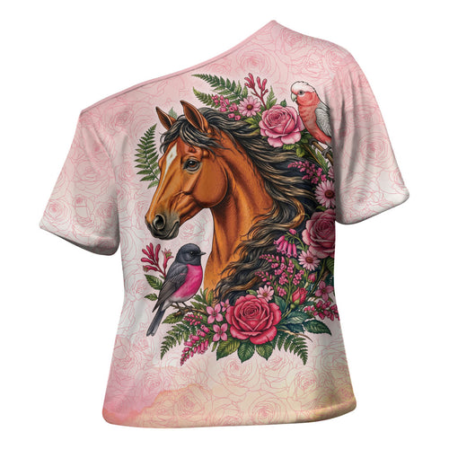 Melbourne Horse Pink Rose Wreath Cross Shoulder Shirt Aussie Galah Cockatoo and Pink Robin