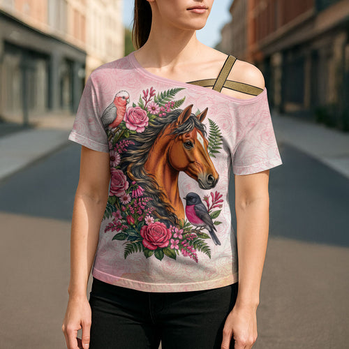 Melbourne Horse Pink Rose Wreath Cross Shoulder Shirt Aussie Galah Cockatoo and Pink Robin