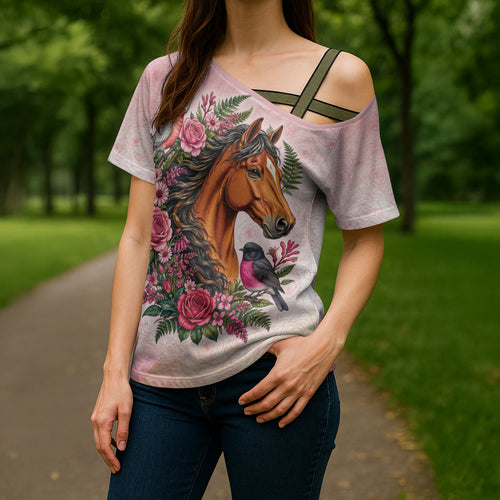 Melbourne Horse Pink Rose Wreath Cross Shoulder Shirt Aussie Galah Cockatoo and Pink Robin