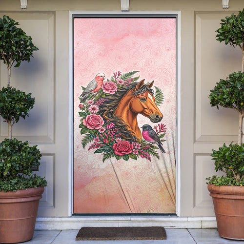 Melbourne Horse Pink Rose Wreath Door Cover Aussie Galah Cockatoo and Pink Robin