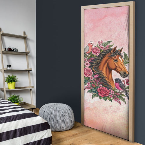 Melbourne Horse Pink Rose Wreath Door Cover Aussie Galah Cockatoo and Pink Robin