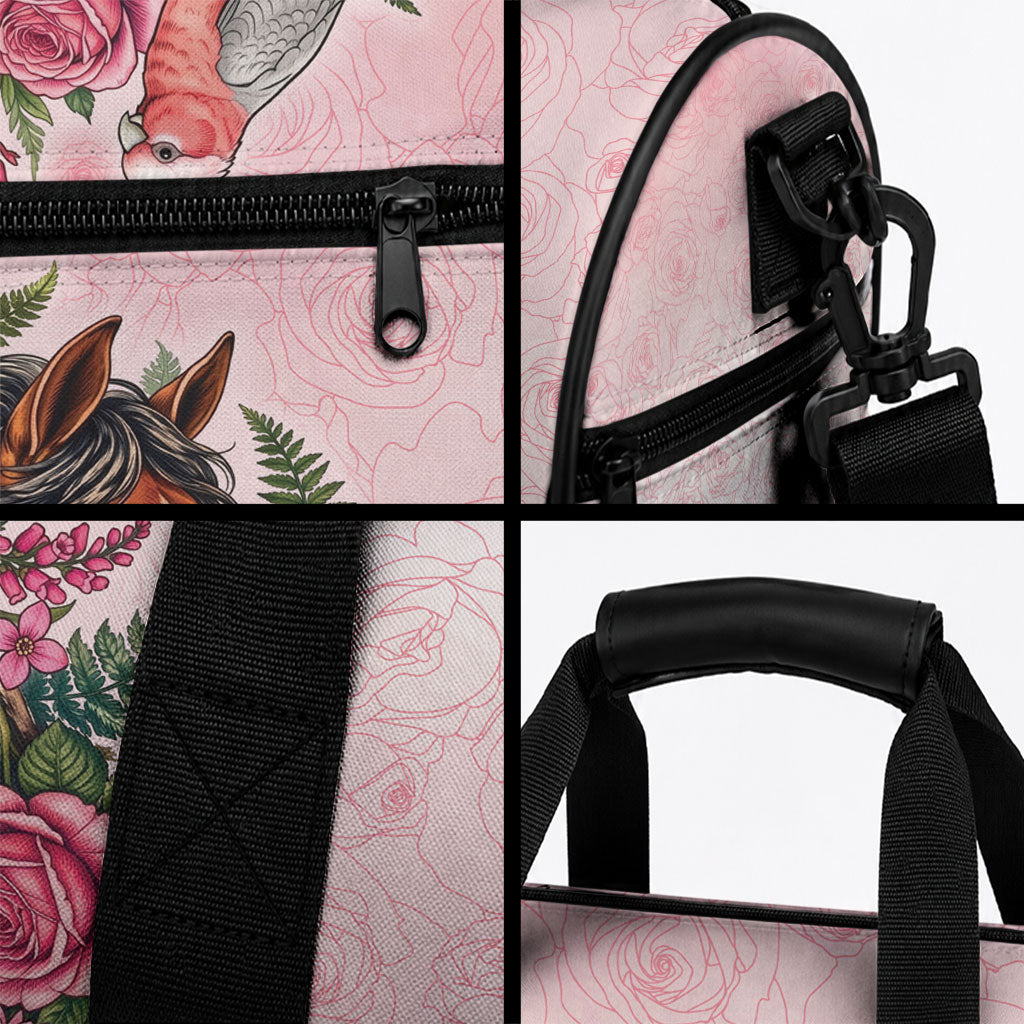 Melbourne Horse Pink Rose Wreath Duffle Bag Aussie Galah Cockatoo and Pink Robin