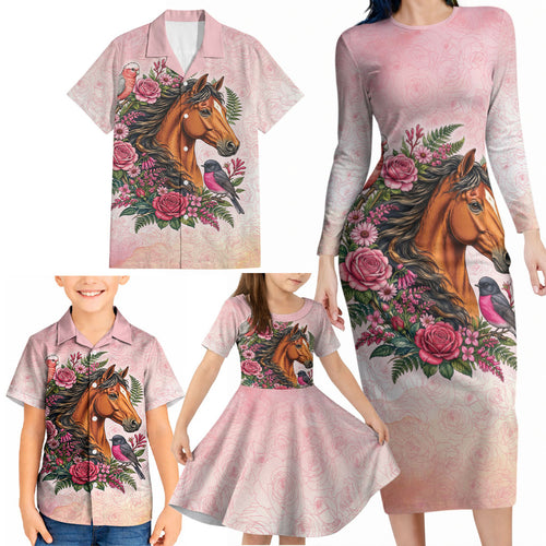 Melbourne Horse Pink Rose Wreath Family Matching Long Sleeve Bodycon Dress and Hawaiian Shirt Aussie Galah Cockatoo and Pink Robin