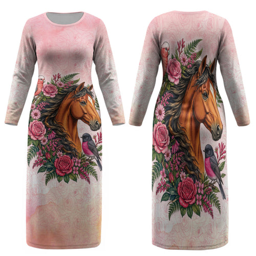 Melbourne Horse Pink Rose Wreath Family Matching Long Sleeve Bodycon Dress and Hawaiian Shirt Aussie Galah Cockatoo and Pink Robin