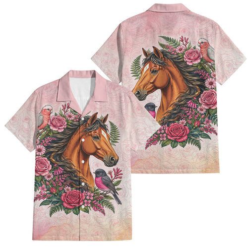Melbourne Horse Pink Rose Wreath Family Matching Off Shoulder Maxi Dress and Hawaiian Shirt Aussie Galah Cockatoo and Pink Robin