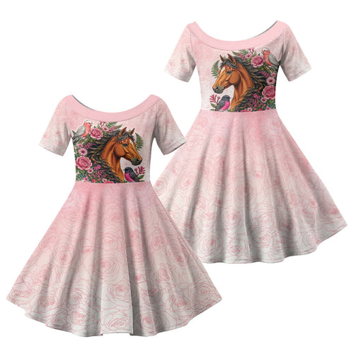 Melbourne Horse Pink Rose Wreath Family Matching Off Shoulder Short Dress and Hawaiian Shirt Aussie Galah Cockatoo and Pink Robin