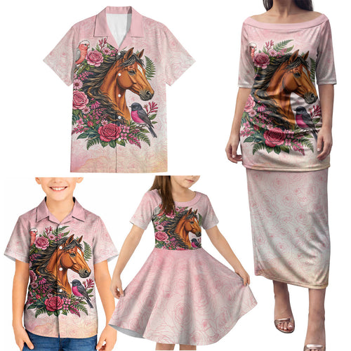 Melbourne Horse Pink Rose Wreath Family Matching Puletasi and Hawaiian Shirt Aussie Galah Cockatoo and Pink Robin