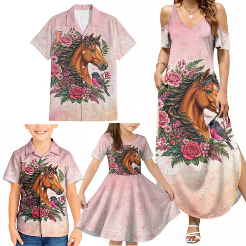 Melbourne Horse Pink Rose Wreath Family Matching Summer Maxi Dress and Hawaiian Shirt Aussie Galah Cockatoo and Pink Robin