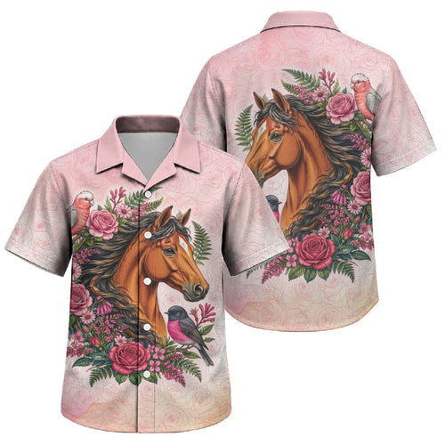 Melbourne Horse Pink Rose Wreath Family Matching Summer Maxi Dress and Hawaiian Shirt Aussie Galah Cockatoo and Pink Robin
