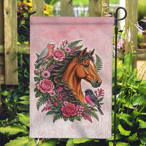 Melbourne Horse Pink Rose Wreath Garden Flag Aussie Galah Cockatoo and Pink Robin