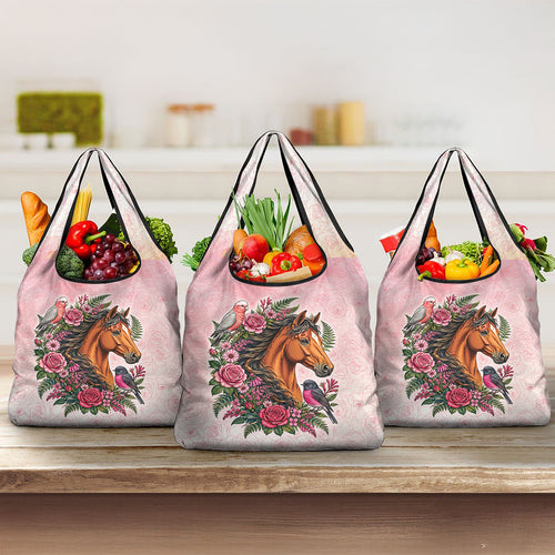 Melbourne Horse Pink Rose Wreath Grocery Bag Aussie Galah Cockatoo and Pink Robin