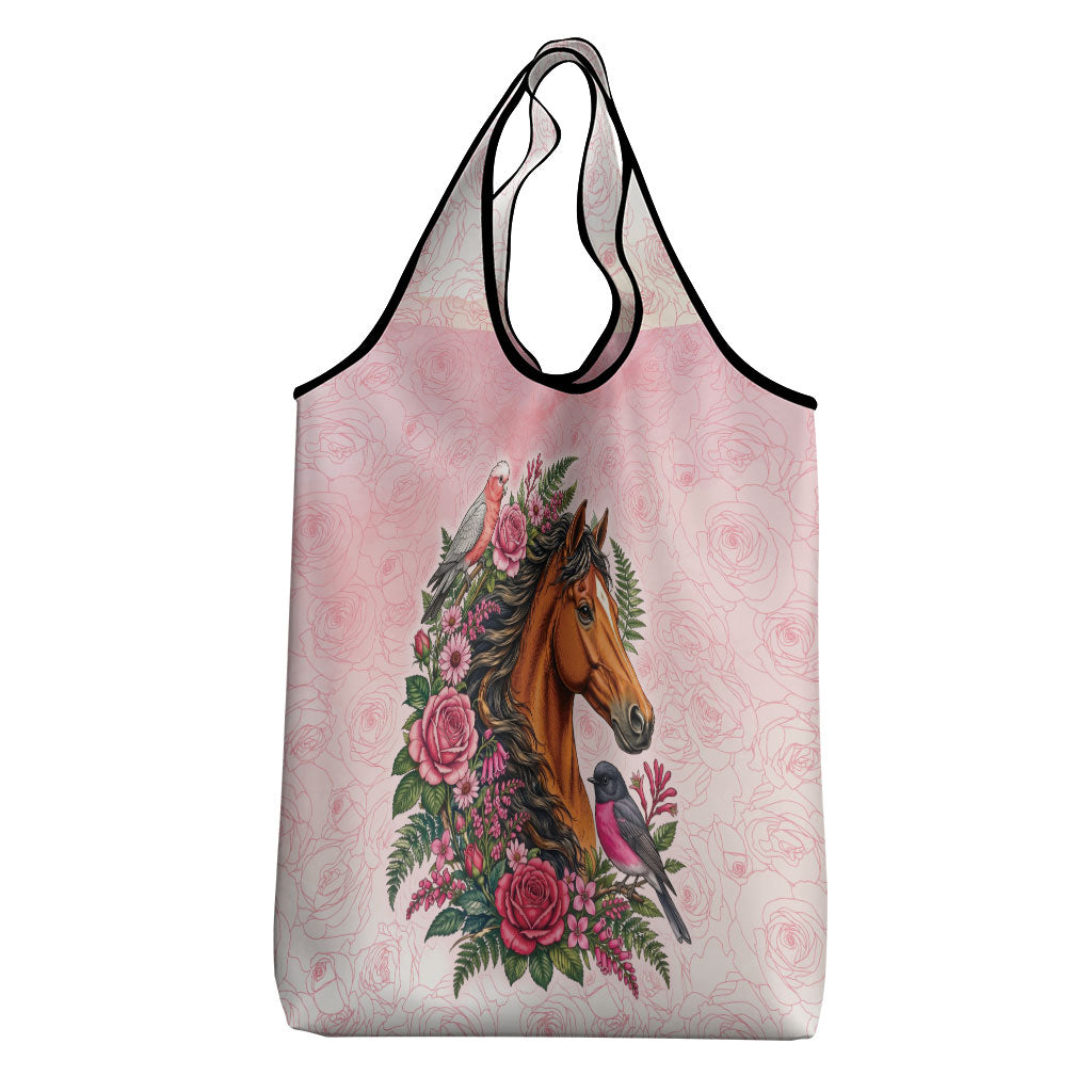 Melbourne Horse Pink Rose Wreath Grocery Bag Aussie Galah Cockatoo and Pink Robin