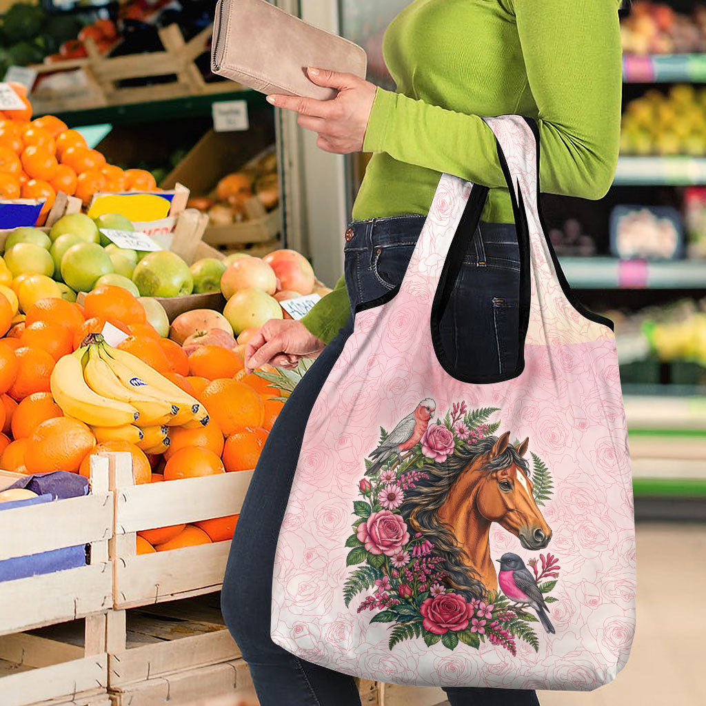 Melbourne Horse Pink Rose Wreath Grocery Bag Aussie Galah Cockatoo and Pink Robin