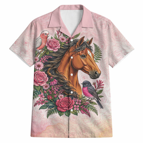 Melbourne Horse Pink Rose Wreath Hawaiian Shirt Aussie Galah Cockatoo and Pink Robin