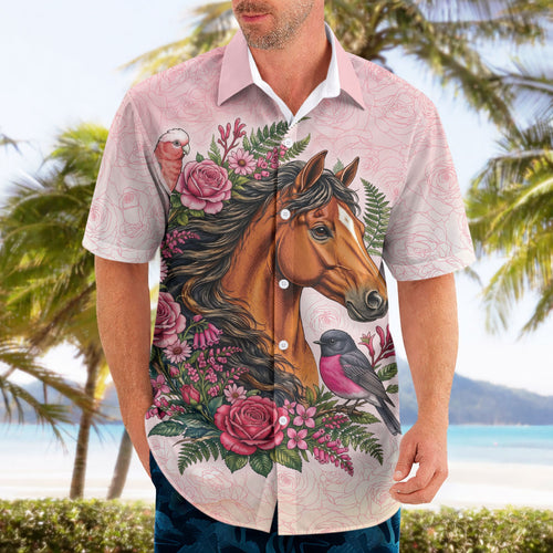 Melbourne Horse Pink Rose Wreath Hawaiian Shirt Aussie Galah Cockatoo and Pink Robin