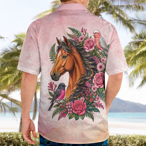 Melbourne Horse Pink Rose Wreath Hawaiian Shirt Aussie Galah Cockatoo and Pink Robin