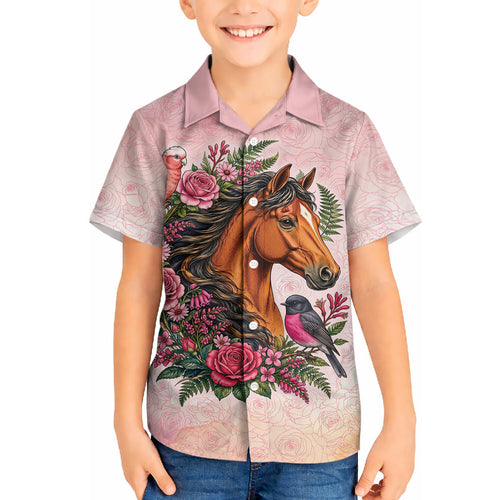 Melbourne Horse Pink Rose Wreath Hawaiian Shirt Aussie Galah Cockatoo and Pink Robin
