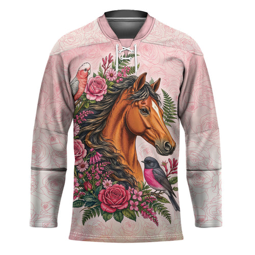 Melbourne Horse Pink Rose Wreath Hockey Jersey Aussie Galah Cockatoo and Pink Robin